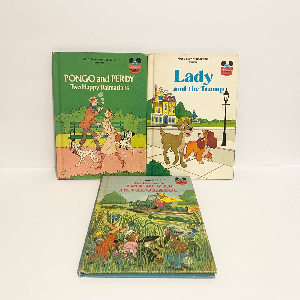 Disney World of Reading Book Lot 101 Dalmatians Lady + the Tramp Rescuers Hard